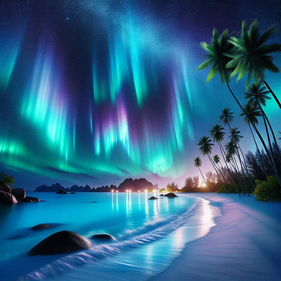 background image for Mint an image of an aurora boreal in a tropical beach